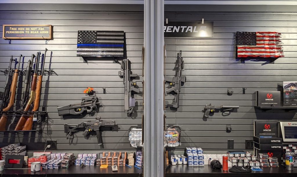 a-display-of-guns-and-guns-in-a-gun-shop-czqvqrjgfhm The desk inside a shooting range in West Virginia.